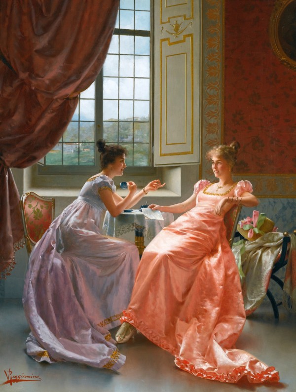 Two ladies talking about letters and drinking tea by Vittorio Reggianini